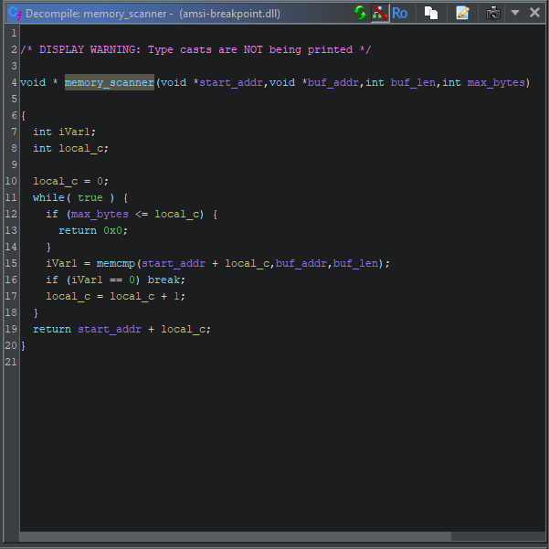 a screenshot of Ghidra showing the annotated memory_scanner function